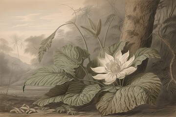 Serene and Delicate: A Drawing of a Lily Pad in Intricate Greens and Browns., generative AI