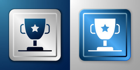 White Award cup icon isolated on blue and grey background. Winner trophy symbol. Championship or competition trophy. Sports achievement sign. Silver and blue square button. Vector