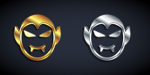 Gold and silver Vampire icon isolated on black background. Happy Halloween party. Long shadow style. Vector