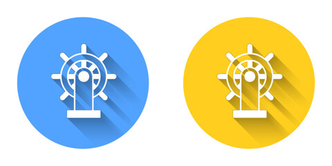 White Ship steering wheel icon isolated with long shadow background. Circle button. Vector