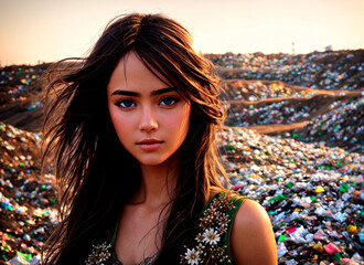 A beautiful girl on the background of a landfill or garbage dump. Generative AI