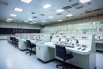 Nuclear power plant control room. Created with Generative AI technology.