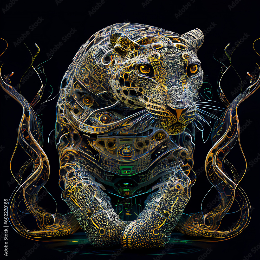 Wall mural neural network of a gold female lion with big data and artificial intelligence circuit board in the 