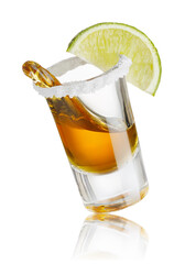 glass shot of tequila with salt and lime with splash isolated on white