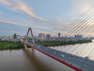 Aerial skyline view of Nhat Tan bridge in Hanoi city, Vietnam.