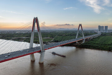 Aerial skyline view of Nhat Tan bridge in Hanoi city, Vietnam.