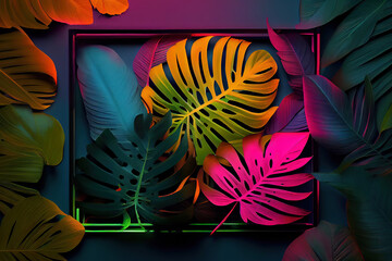 Creative fluorescent color layout made of tropical leaves with neon light square. Generative Ai