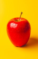 Wet bright red apple on yellow background. Generative AI.