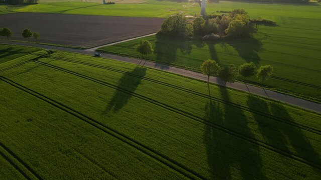 Large wind turbines with blades in field aerial view bright orange sunset blue sky wind park slow motion drone turn. Silhouettes windmills, large orange sun disc summer lens flare. Alternative energy