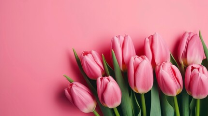 Obraz premium Bouquet of pink tulips on pastel pink background. Horizontal background design with copy space. Generative AI.