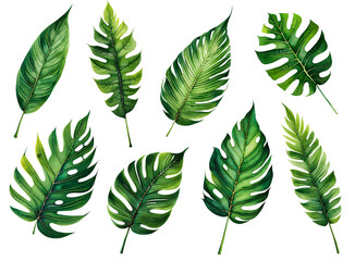 Set of green tropical leaves on transparent background. Generative AI