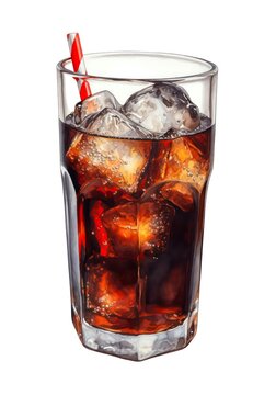 Watercolor illustration of a glass of cola with ice isolated on white background. Generative AI.