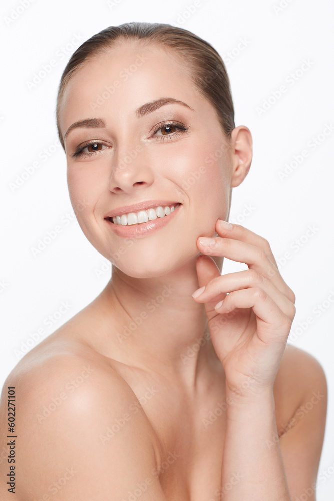 Wall mural Portrait, skincare and woman with beauty, luxury and happy girl isolated against a white studio background. Face, female person or model with dermatology, salon treatment and grooming with confidence