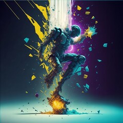 Robot that comes from above and crushes an exploding object with effects of lights, discharges of color