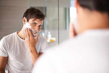 Mirror, shaving and portrait of man in bathroom for facial grooming, wellness and beauty at home....