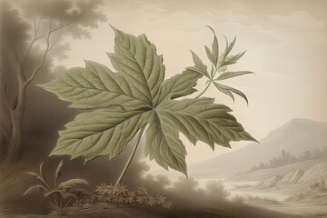 Intricately Detailed Drawing of Serene Maple Leaf in Tranquil Shades of Brown and Green, generative AI