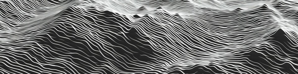 wide banner with white lines on dark grey background, 3D mountain range generative AI backdrop
