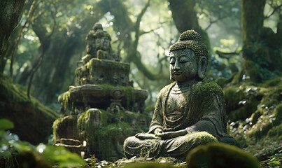 Fototapeta na wymiar Buddha Statue in einem tropischen Wald, Tempelruine. generative KI