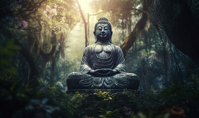 Buddha Statue in einem tropischen Wald, Tempelruine. generative KI