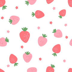 Seamless pattern of pink strawberries with green leaf and cute flower on white background vector illustration. Cute fruit print.