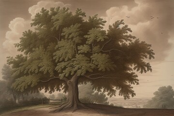 Serene and Intricate: A Delicate Drawing of a Maple Tree Executed in Greens and Browns, generative AI