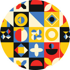 Trendy Bauhaus geometric pattern, vector background. Multicolored geometry abstract print design with rectangles, squares and circles. Op art, neo geometry. 