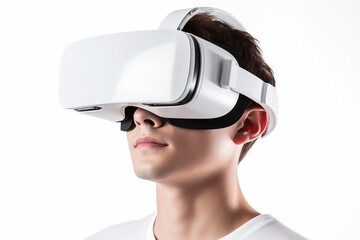 Modern technology and entertainment concept - young man using VR headset isolated on white, Generative AI