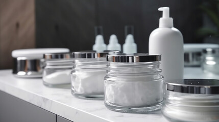 cosmetic jars in the bathroom on the table