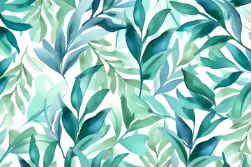 Turquoise Watercolor Leaves on White Background. Generative AI.