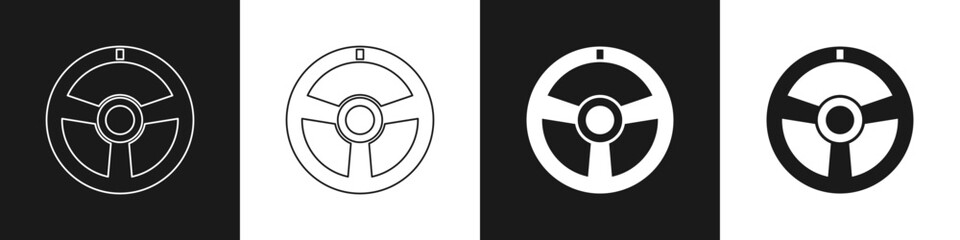 Set Racing steering wheel icon isolated on black and white background. Car wheel icon. Vector