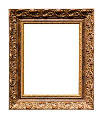 old vertical wide carved bronze wooden picture frame isolated on white background with cut out...