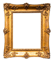 old vertical rococo wide gold wooden picture frame isolated on white background with cut out canvas