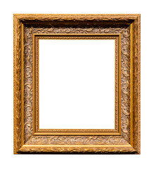 old vertical carved wide yellow brown wooden picture frame isolated on white background with cut out canvas