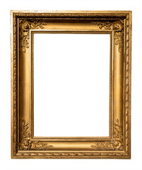old vertical wide rococo gold picture frame isolated on white background with cut out canvas