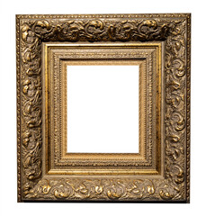 very wide carved bronze picture frame isolated on white background with cut out canvas