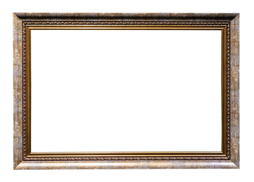 old horizontal gray brown wooden picture frame isolated on white background with cut out canvas