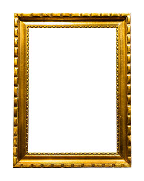 retro vertical golden wooden picture frame isolated on white background with cut out canvas