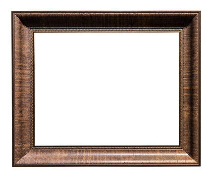 old horizontal wide brown wooden picture frame isolated on white background with cut out canvas