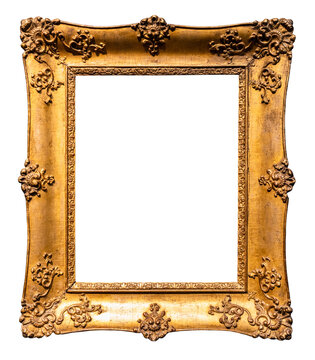 old vertical rococo wide gold wooden picture frame isolated on white background with cut out canvas