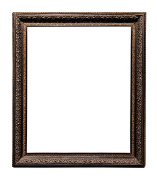 old vertical dark brown wooden picture frame isolated on white background with cut out canvas