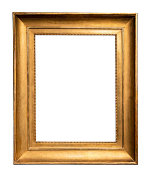 old vertical classic wide golden picture frame isolated on white background with cut out canvas