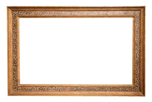 old horizontal long wooden picture frame isolated on white background with cut out canvas