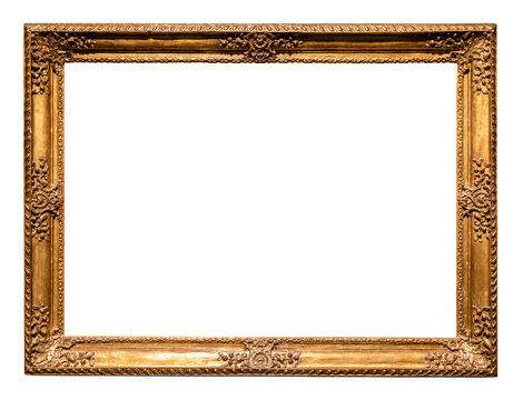 old horizontal golden baroque picture frame isolated on white background with cut out canvas