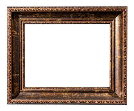 retro horizontal very wide brown wooden picture frame isolated on white background with cut out canvas