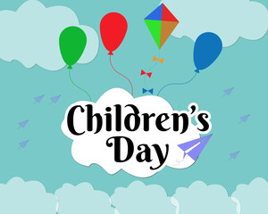 children's day care vector design with balloons kite cloud and airplane shape celebration card poster design