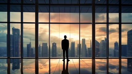 Fototapeta na wymiar Businessman looking through windows in a glass office in skyscrapers with sunlight. Generative AI