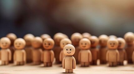 HR manager (human resources) or Employer. Wooden doll with face smile. Leader stands out from crowd. Looking for good worker. HR, HRM, HRD concepts. Generative AI