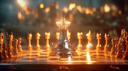 Silver knight chess figures on a  chess board with a fire background. Generative AI