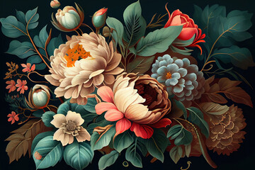 beautiful fantasy vintage wallpaper different botanical flower bunch,vintage motif for floral print digital background. Generative Ai