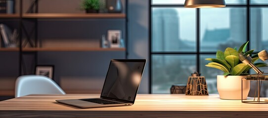 Professional workspace with laptop, desk, and shelves in home office interior design blur background. Generative AI illustrations.